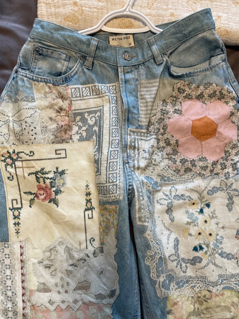 Free People Patchwork High-Rise Wide-Leg Jeans in Light Blue, Cream, Pink - Picture 9 of 10